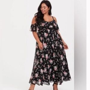 Torrid Black Floral Cold Shoulder Maxi Dress Sz S (00)